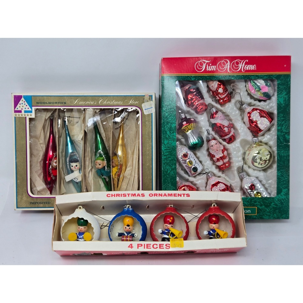 Vintage Mercury Glass Diorama Teardrop Christmas Ornaments Lot Jewelbrite MCM